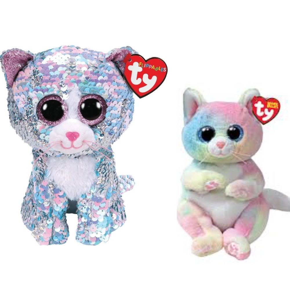 Ty Flippables Whimsy Sequin Cat Plush & Ty Jenni the Rainbow Cat
